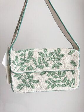 Antik Craft Beaded Green Floral Shoulder Bag